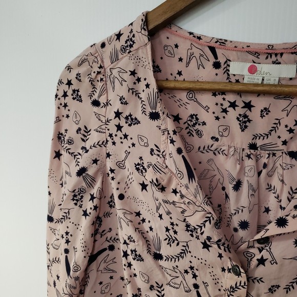 Boden Pink Popover Blouse sz 4 Bird Heart Lock Key print novelty long sleeve - Picture 4 of 6